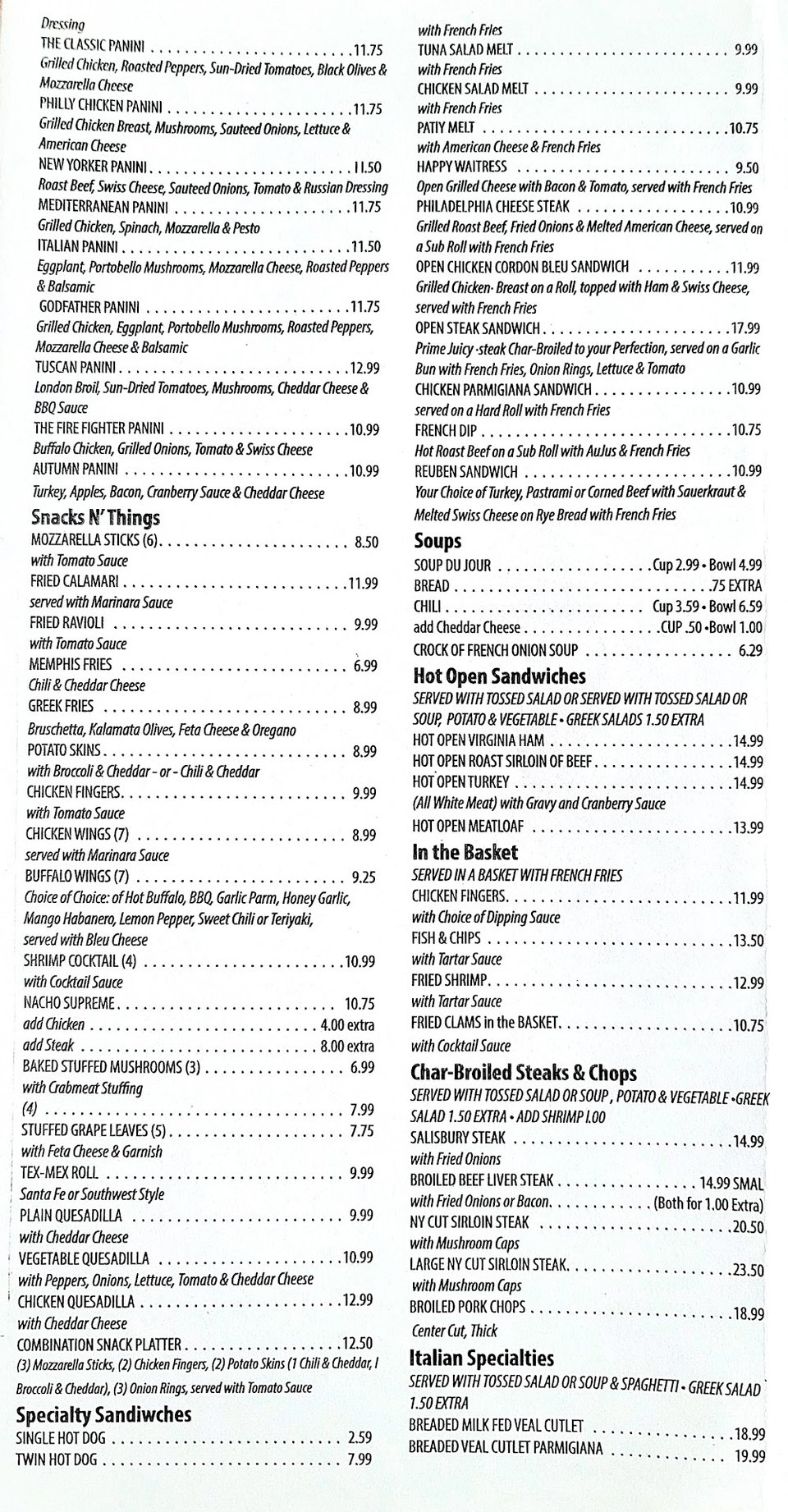 Printed diner menu with sandwiches and breakfast plates.