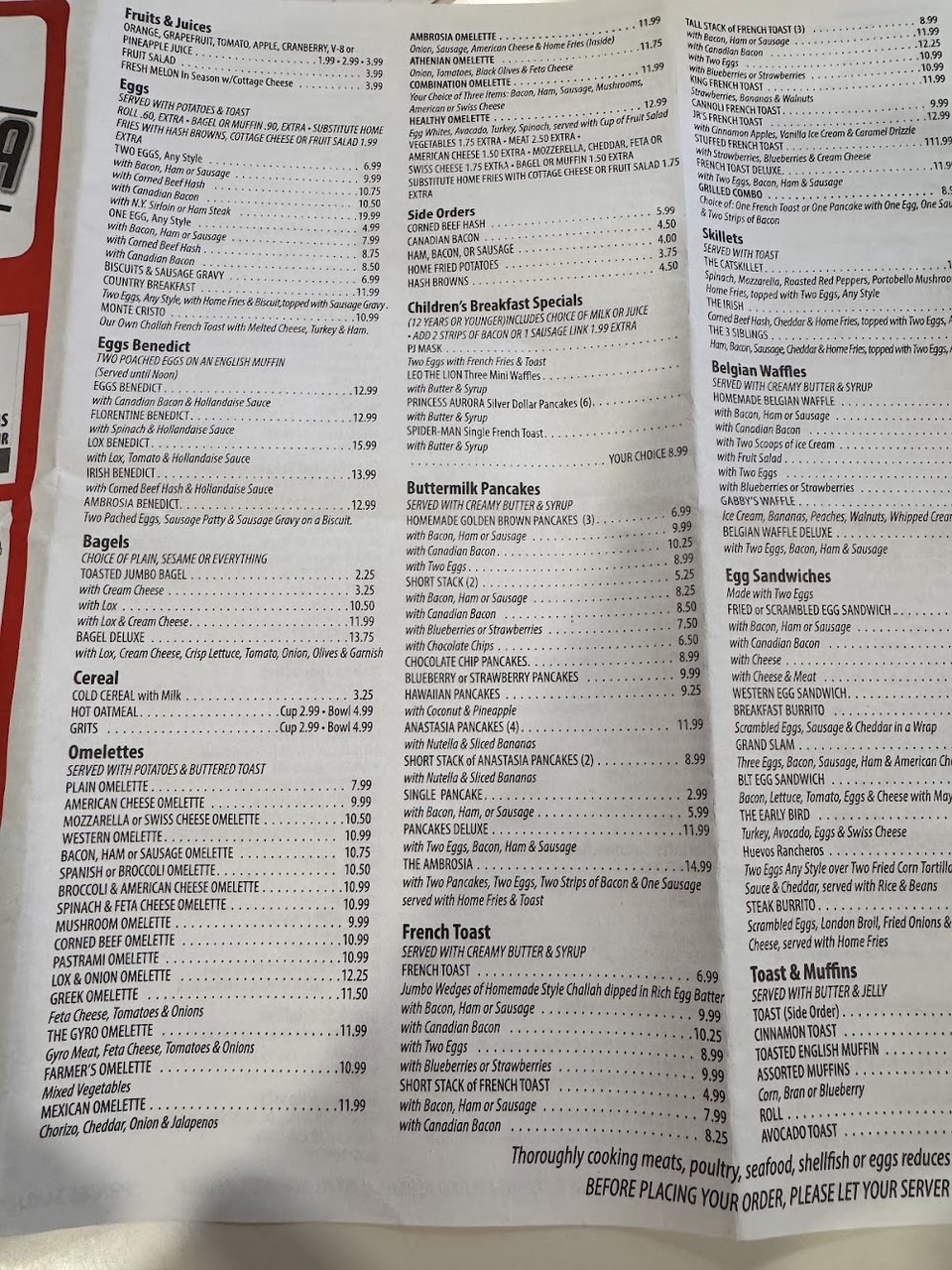 Breakfast and lunch menu with classic American dishes.